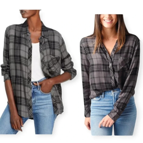 Rails Hunter Plaid Rayon Flannel Button Up in Charcoal Jet Grey Black XS - Picture 7 of 16
